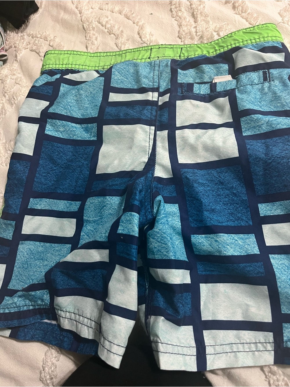 Joe Boxer Blue Grid Swim Board Shorts with Lime Waistband